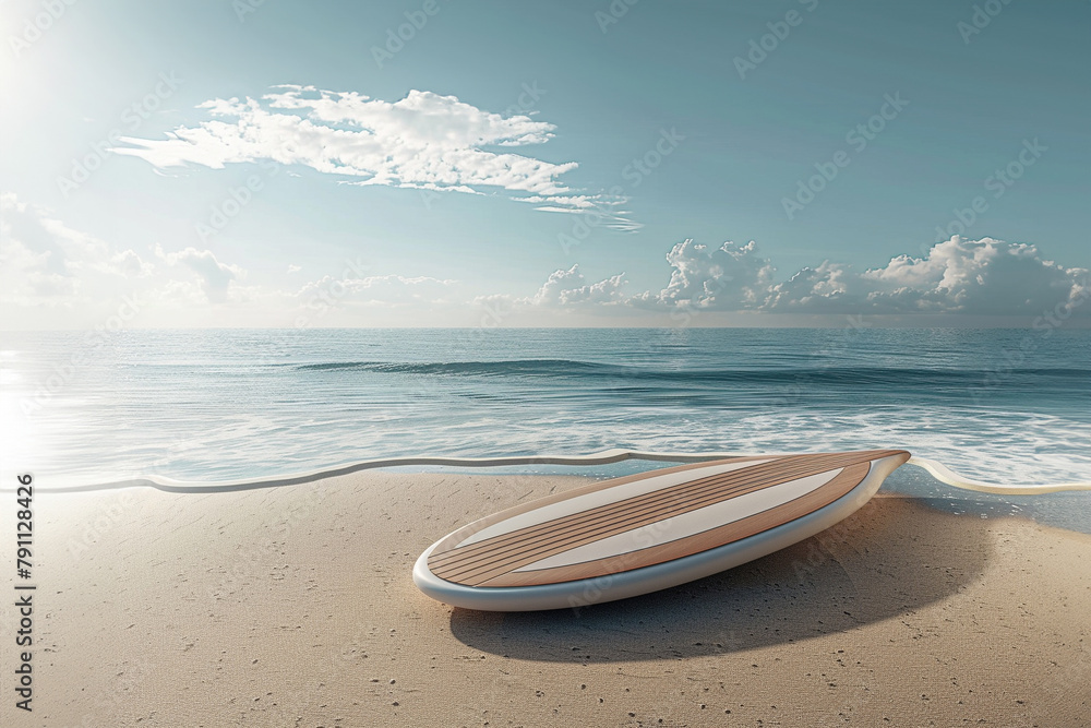 Surfboard on sandy tropical beach. Ocean waves at the background Surfboard on sandy tropical beach. Ocean waves at the background