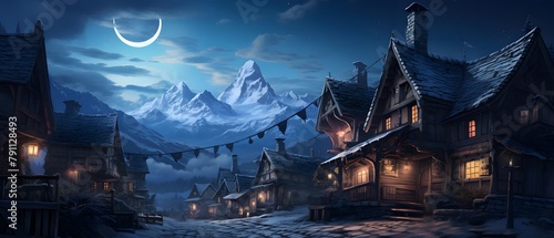 Winter village at night with crescent moon and mountains in the background © Iman