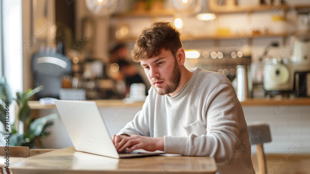 Young male freelancer or student using laptop while sitting in a caffe shop Young male freelancer or student using laptop while sitting in a caffe shop