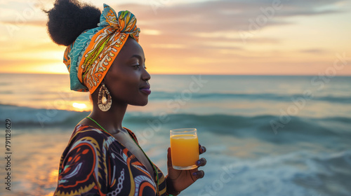 Closeup African woman in hat on the beach drinking a glass of juice and enjoying her summer vacation #791128629