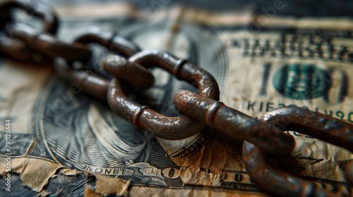 Iron chains on worn dollar bills: symbolizing debts grip in modern society. Rusty chains rest atop tattered currency, evoking the struggles and constraints of financial burdens