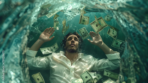 Man trapped underwater with dollar bills illustrating the drowning sensation of debt during a financial crisis. A man appears submerged symbolizing the overwhelming pressure of debt