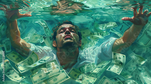 Man grappling with the overwhelming currents of financial crisis under a sea of debt. A person struggles to stay afloat amidst a cascade of dollar bills, symbolizing the oppressive weight of debt