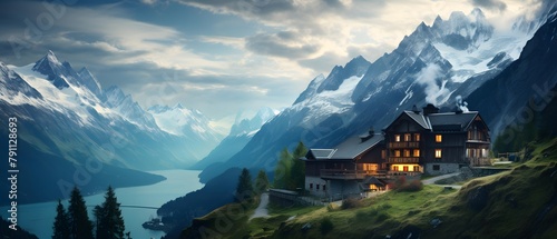 Panoramic view of swiss alps and lake in Switzerland