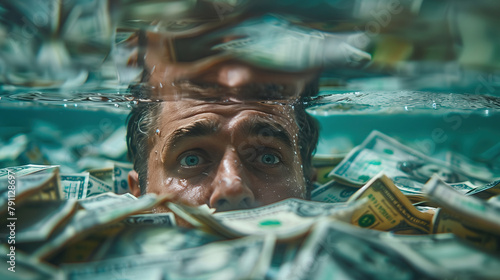 The deep dive into debt. A man submerged under a sea of money, symbolizing the suffocation and drowning effect of debt slavery in todays financially troubled society
