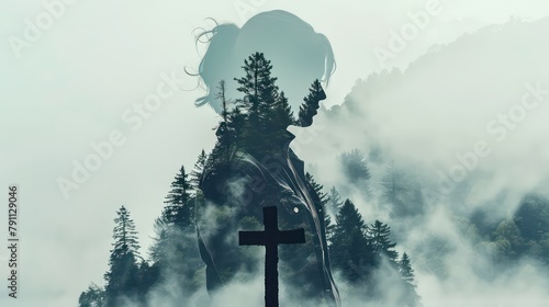 Double exposure portrait of young woman with cross and forest. Christian concept © Ibad