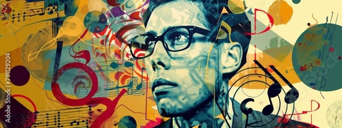 Artistic collage of man with glasses amid abstract and musical elements © Georgii