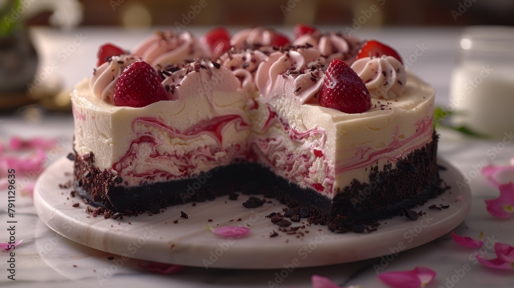 Close-up of a cake slice on a plate with strawberries atop Close-up of a cake slice on a plate with strawberries atop