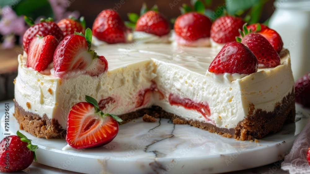 A cheesecake topped with strawberries, displayed on a marble plate A slice has been removed A cheesecake topped with strawberries, displayed on a marble plate A slice has been removed