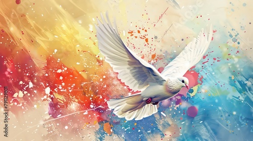 Holy spirit. Dove flying in the air with splashes of watercolor. Digital illustration