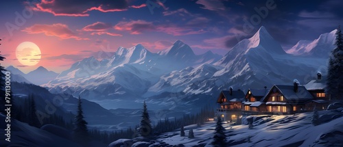 Panoramic view of alpine village in winter mountains at sunset