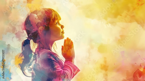 Image of a little girl in worship on watercolor background