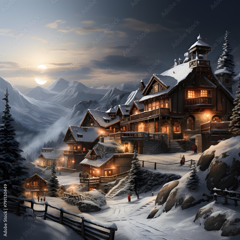 Mountain village in the snow at night. Photorealistic 3D rendering