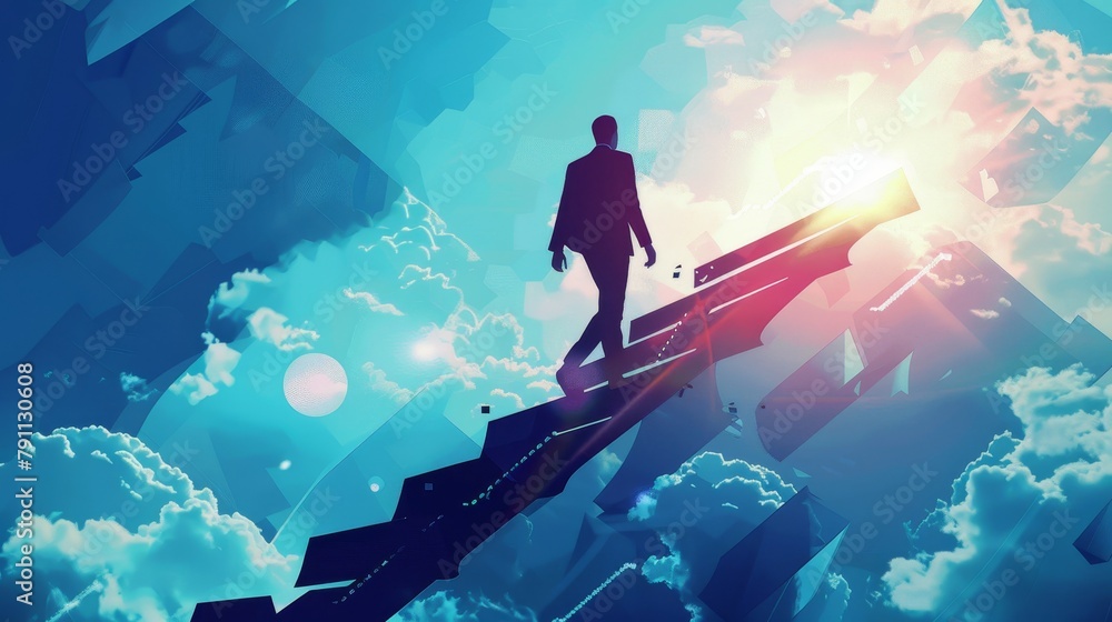 A stylized image of a businessman climbing a ladder of success AI generated illustration