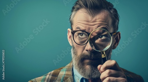 A surreal image of a businessman with a magnifying glass AI generated illustration photo