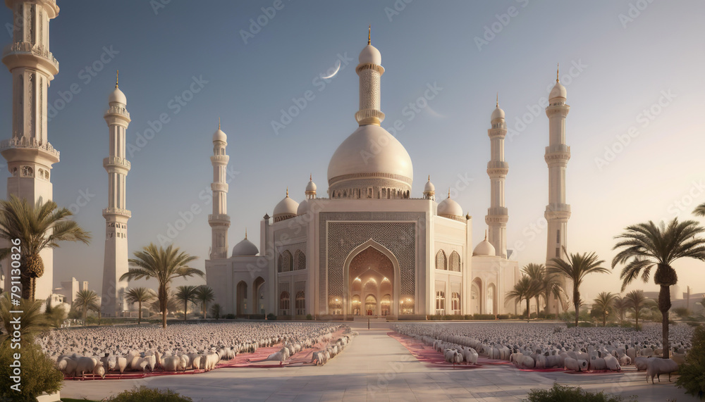 Fototapeta premium Eid Mubarak, Eid al-Adha banner. Eid Al-Adha Mubarak is a celebration of the holiday of the Muslim community against the background of the Arab landscape. celebrating the Islamic Ramadan.