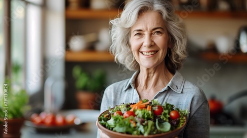 Frau mittleren Alters, Lächeln, Salatschüssel, Konzept gesunde Ernährung photo