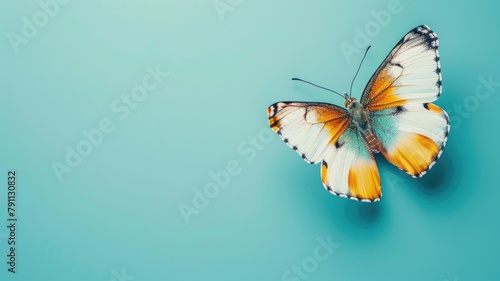 Vibrant butterfly with open wings on teal background
