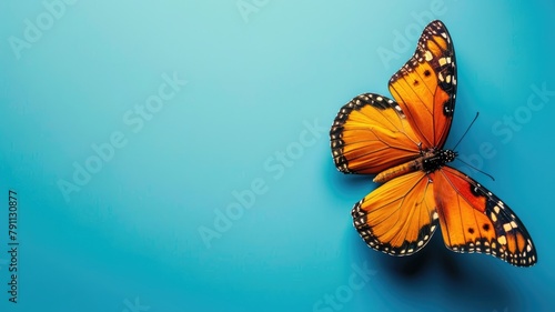 Monarch butterfly with open wings on blue background photo