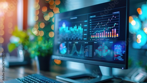 Computer monitors on desk displaying colorful financial charts and data analysis in office © Artyom