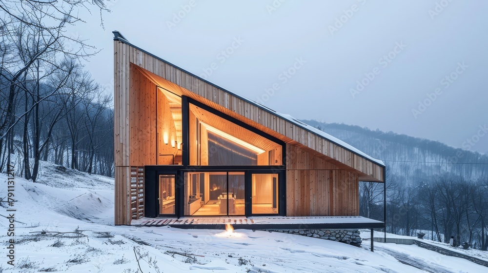 A wooden mountain cabin with a sloped roof and sleek design AI generated illustration A wooden mountain cabin with a sloped roof and sleek design AI generated illustration