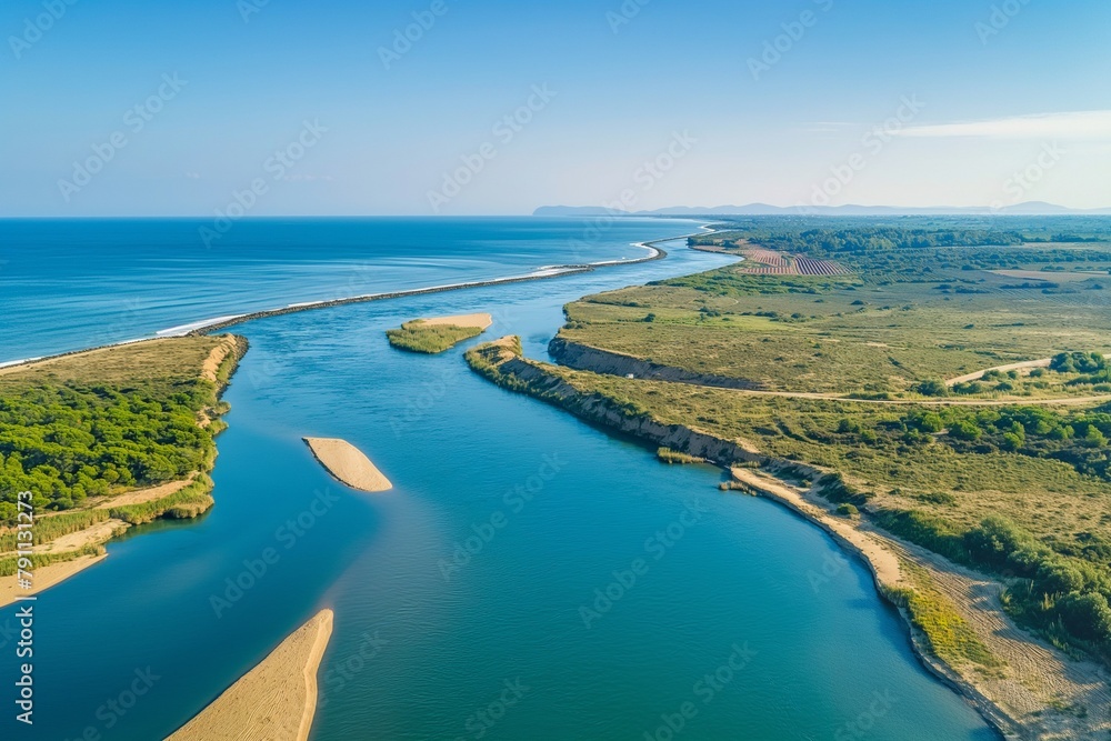 river mouth drone aerial view, aerial view of a mouth or river, rive aerial view, natural view of river