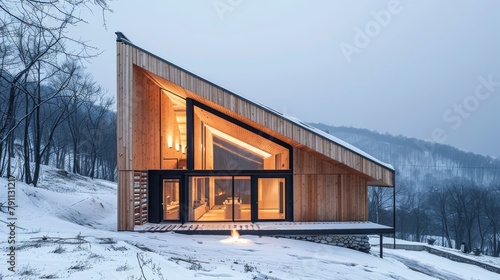 A wooden mountain cabin with a sloped roof and sleek design AI generated illustration