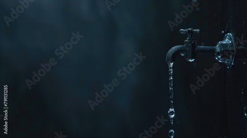 Water droplets falling from metal tap against dark background photo