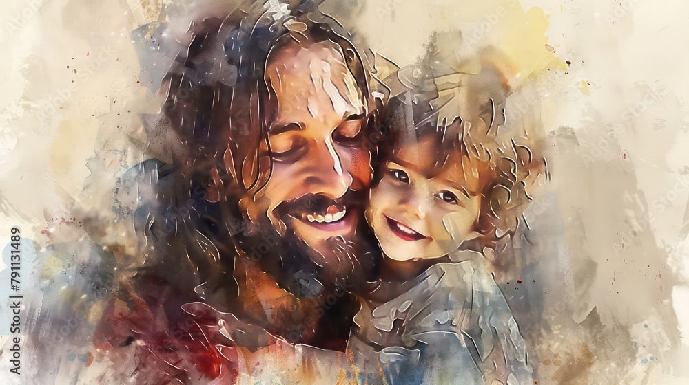 Jesus Christ with a kid in his arms, smiling. Digital watercolor painting - obrazy, fototapety, plakaty 