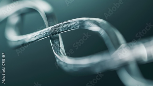 Close-up of twisted metal chain links on blue background
