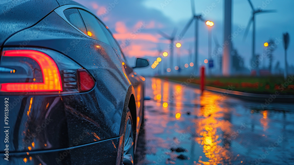 A blue electric car parked on a wet road, with raindrops on its surface and illuminated taillights. In the background, there are wind turbines and streetlights against a colorful sunset sky.