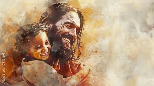 Jesus Christ with a kid in his arms, smiling. Digital watercolor painting