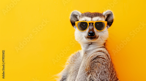 elegant lemur with sunglasses against a bright yellow background photo
