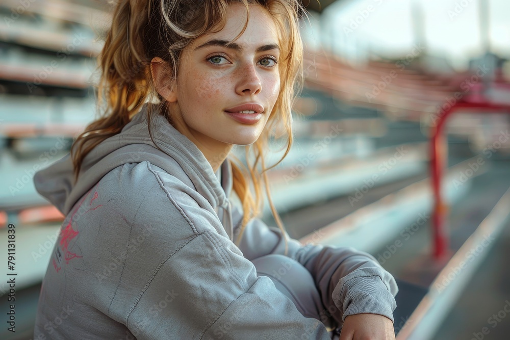 A close-up shot captures a pensive young woman at a stadium with a sports arena as the backdrop A close-up shot captures a pensive young woman at a stadium with a sports arena as the backdrop