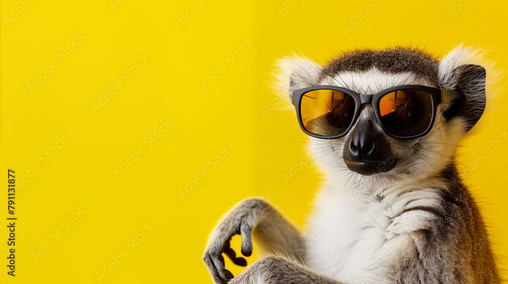 Fototapeta premium Cute lemur with sunglasses against a bright yellow background
