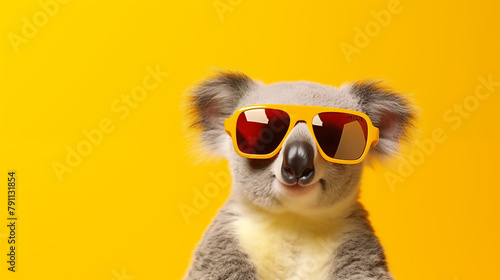 funny and cute koala bear with sunnglasses on yellow background