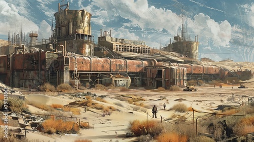 An architectural drawing of a post-apocalyptic wasteland settlement AI generated illustration