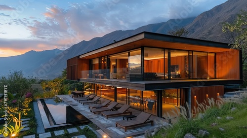 An architecturally stunning villa with a wooden exterior and mountain vistas AI generated illustration photo