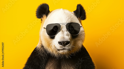 Noble portrait of a panda bear with black glasses against a bright yellow background. © emotionpicture