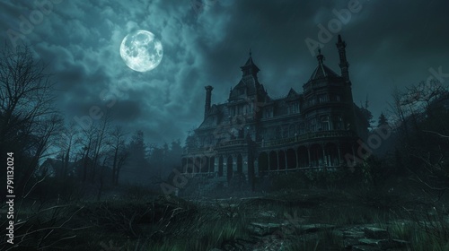 An eerie old mansion under a moonlit sky AI generated illustration
