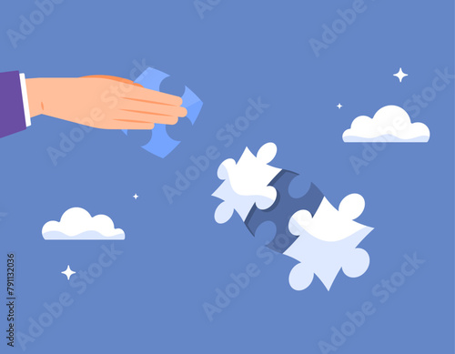 illustration of a hand wanting to complete a puzzle. installing or connecting puzzle pieces. problem solving. solutions to overcome problems. illustration concept design. graphic elements