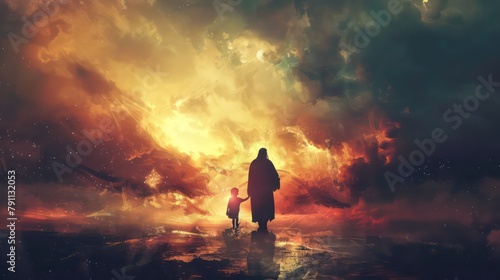 Jesus walking with a kid. Artistic composite image. Rear view. Conceptual  illustration photo