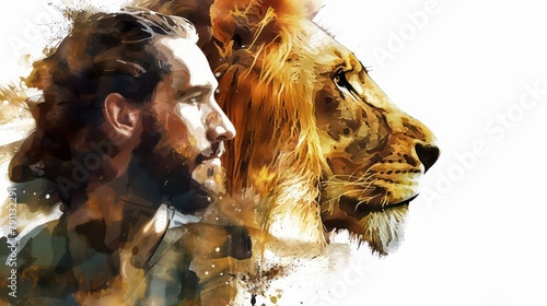 Lion and Jesus, digital painting on a white background