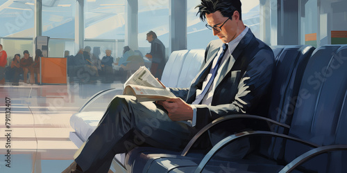 A bussinesman wear in suit with tie waiting for the airplane in the airport lounge, sitting on the chair.