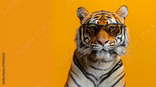 majestic tiger with glasses against bright background.