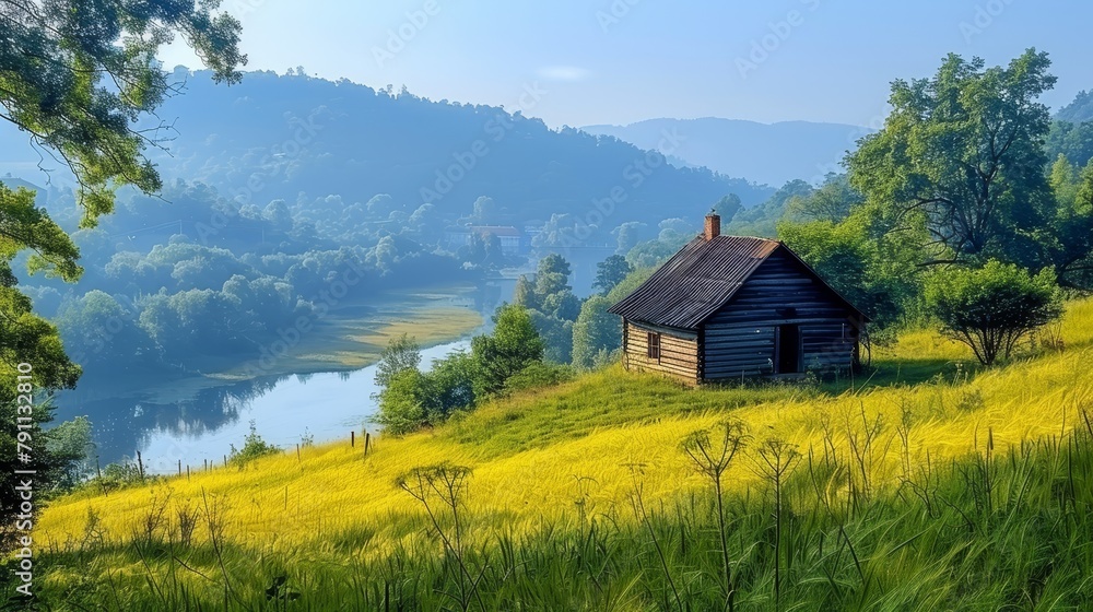 Fototapeta premium A small cabin atop a verdant hillside, nestled by a river in a tree-surrounded valley