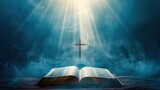 Open holy Bible book with christian cross and rays of ligh
