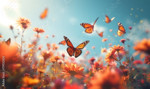 Lebendige Szene zarter Schmetterlinge, die zwischen einem Feld blühender Blumen unter einem klaren, sonnigen Himmel tanzen, Konzept Frühling und Frühlingswiese