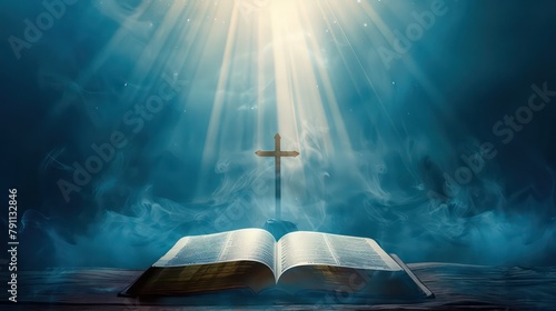 Open holy Bible book with christian cross and rays of ligh photo