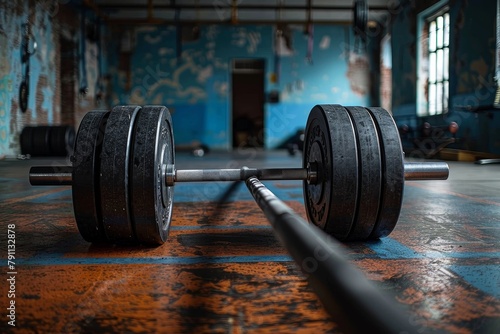 A heavy-loaded barbell on a gym's floor with urban art in the background representing strength and training